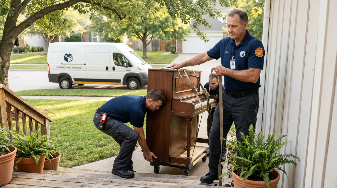 Licensed piano movers securing grand piano in Galena Park, TX