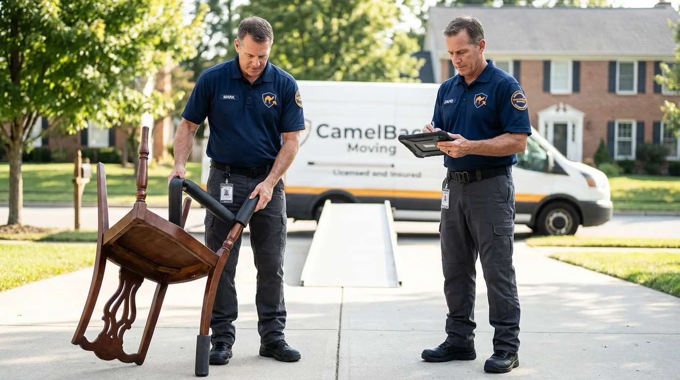 Movers inspecting furniture for damage prevention before loading in Galena Park, TX