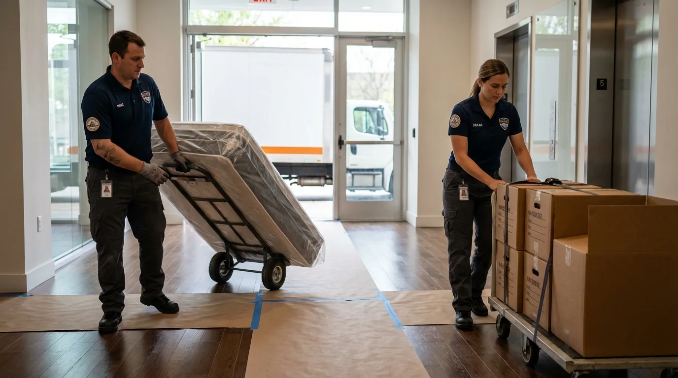 Professional apartment movers loading elevator in Galena Park, TX